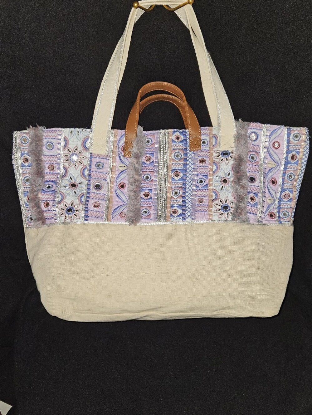 Chico's Mosaic Print Embroidered Canvas Tote/Beach, Travel, Carryall Bag